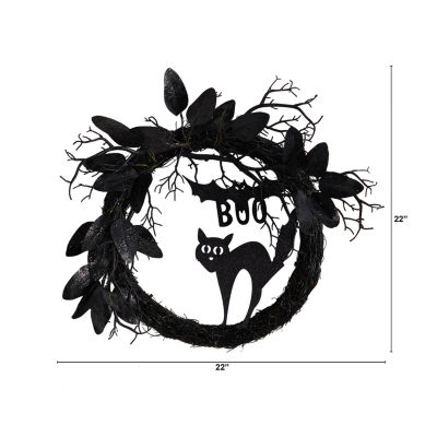 Nearly Natural 22" Black Cat & Bat Twig Wreath