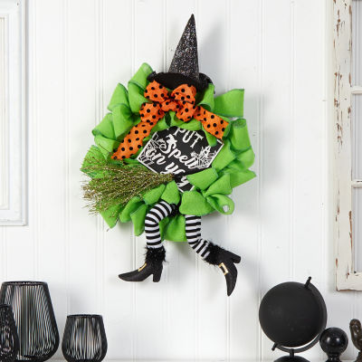 Nearly Natural 26" Halloween Witch Broom & Hat Wreath