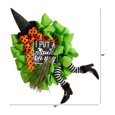 Nearly Natural 26" Halloween Witch Broom & Hat Wreath