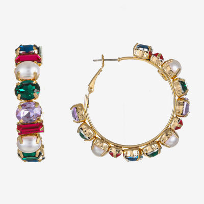 Bijoux Bar Multi Color Glass Simulated Pearl 48mm Hoop Earrings