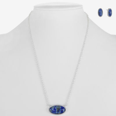 Liz Claiborne Pendant Necklace And Stud Earring White Silver Tone Oval 2-pc. Jewelry Set