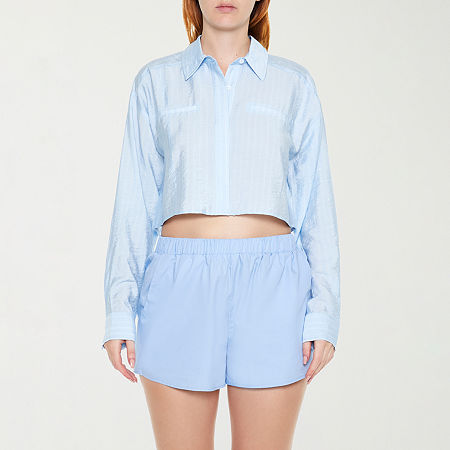 Forever 21 Juniors Cropped Striped Womens Long Sleeve Regular Fit Button-Down Shirt, Medium, Blue