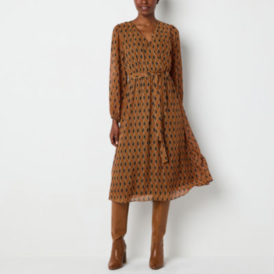 Robbie Bee Womens Long Sleeve Geometric Midi Fit + Flare Dress