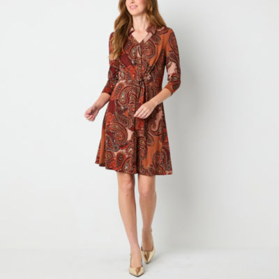 Perceptions Womens 3/4 Sleeve Paisley Fit + Flare Dress, Color: Brown Rust  - JCPenney