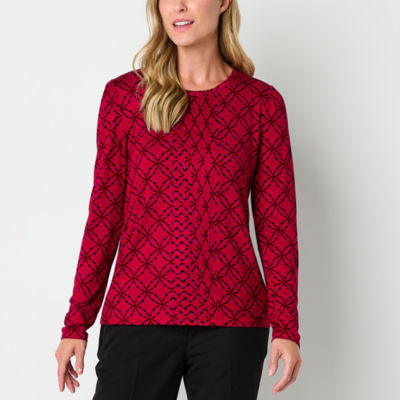 Liz Claiborne Womens Crew Neck Long Sleeve Blouse, Color: Rumba Red Geo ...