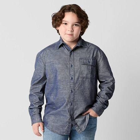 Thereabouts Little & Big Boys Corduroy Long Sleeve Button-Down Shirt, M (10-12) Husky, Blue