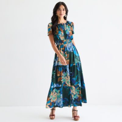 Be by CHETTA B Womens Short Sleeve Floral Maxi Dress