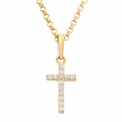 Girls Lab Created White Cubic Zirconia 14K Gold Cross Pendant Necklace ...