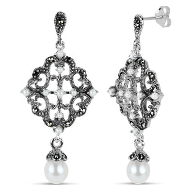 Womens Genuine Black Marcasite Sterling Silver Drop Earrings
