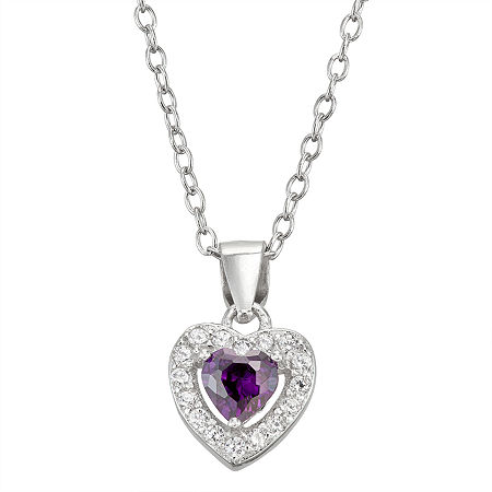 Girls Purple Cubic Zirconia Sterling Silver Heart 15 Inch Pendant Necklace, One Size