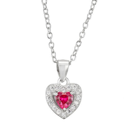 Girls Red Cubic Zirconia Sterling Silver Heart 15 Inch Pendant Necklace
