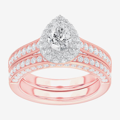 (G-H / Si1-Si2) Womens 1 7/8 CT. T.W. Lab Grown White Diamond 14K Gold Pear Side Stone Halo Engagement Ring