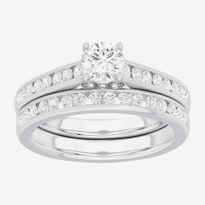 (G-H / Si1-Si2) Womens 1 1/2 CT. T.W. Lab Grown White Diamond 14K Gold Round Side Stone Bridal Set