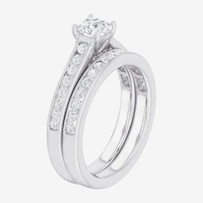 (G-H / Si1-Si2) Womens 1 1/2 CT. T.W. Lab Grown White Diamond 14K Gold Round Side Stone Bridal Set