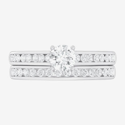 (G-H / Si1-Si2) Womens 1 1/2 CT. T.W. Lab Grown White Diamond 14K Gold Round Side Stone Bridal Set