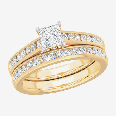 (G-H / Si1-Si2) Womens 1 1/2 CT. T.W. Lab Grown White Diamond 14K Gold Side Stone Bridal Set