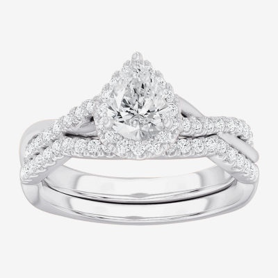 (G-H / Si1-Si2) Womens 1 1/6 CT. T.W. Lab Grown White Diamond 14K Gold Pear Side Stone Halo Bridal Set