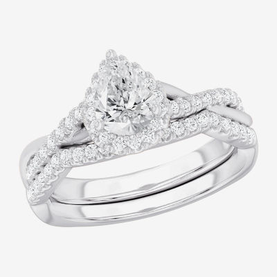 (G-H / Si1-Si2) Womens 1 1/6 CT. T.W. Lab Grown White Diamond 14K Gold Pear Side Stone Halo Bridal Set