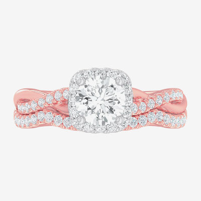 G-H / Si1-Si2) Womens 1 1/ CT. T.W. Lab Grown White Diamond 14K Gold Cushion Side Stone Halo Bridal Set