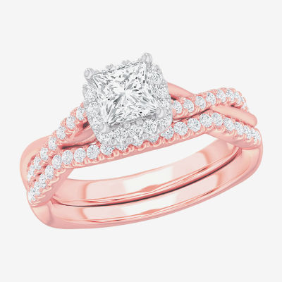 G-H / Si1-Si2) Womens 1 1/ CT. T.W. Lab Grown White Diamond 14K Gold Cushion Side Stone Halo Bridal Set