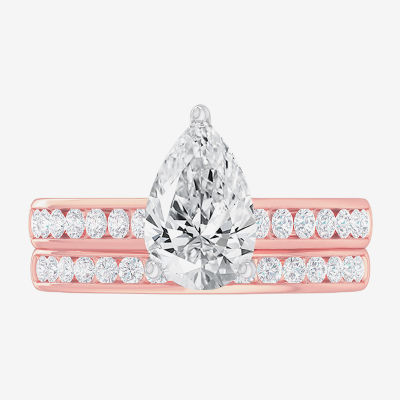 (G-H / Si1-Si2) Womens 3 CT. T.W. Lab Grown White Diamond 14K Gold Pear Side Stone Bridal Set