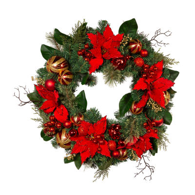 Kurt Adler 30 Inch Unlit Red & Gold Poinsettia Indoor Christmas Wreath