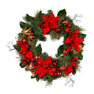 Kurt Adler 30 Inch Unlit Red & Gold Poinsettia Indoor Wreath