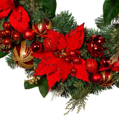 Kurt Adler 30 Inch Unlit Red & Gold Poinsettia Indoor Christmas Wreath