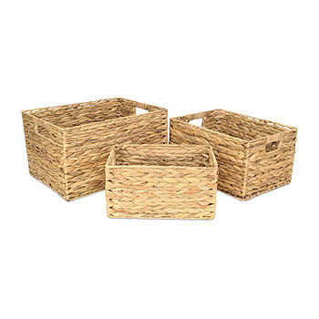 mDesign Woven Water Hyacinth Storage Basket, Lid/Handles, Set of 3 - Black Wash