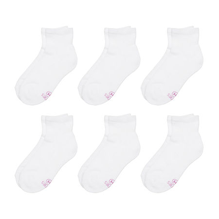Hanes Ultimate Little & Big Girls 6 Pair Quarter Socks, Large, White