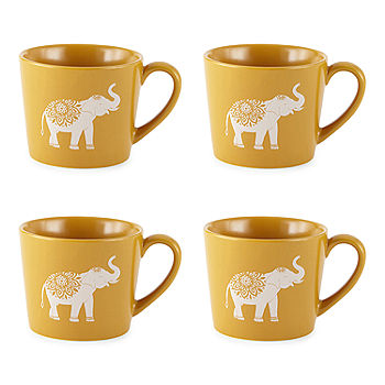 Glazed Celadon Ceramic 10 oz Mug with Brown Accents - Light Blue Elephant  Herd