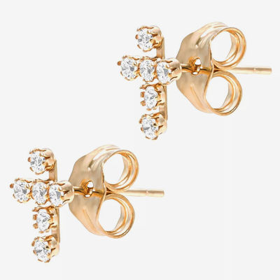 White Cubic Zirconia 14K Gold 7.3mm Cross Stud Earrings