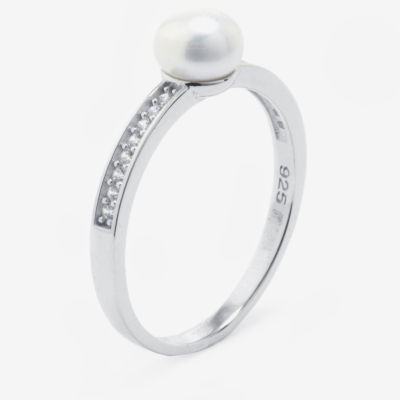 Silver Treasures Cubic Zirconia Cultured Freshwater Pearl Sterling Band