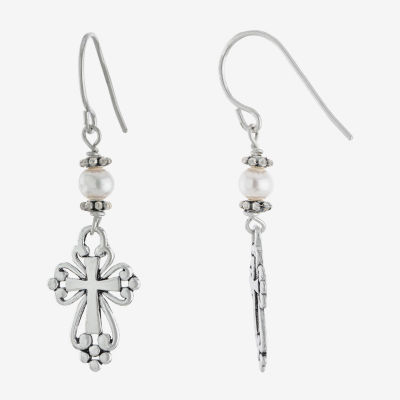 Silver Treasures Sterling Silver Cultured Freshwater Pearl Cross Drop Earrings