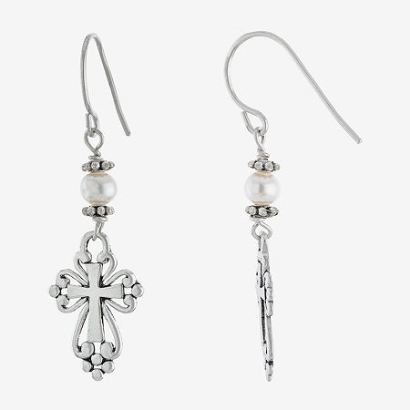 Silver Treasures Sterling Silver Cultured Freshwater Pearl Cross Drop Earrings, One Size