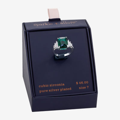 Sparkle Allure Womens Green Cubic Zirconia Pure Silver Over Brass Rectangular Engagement Ring