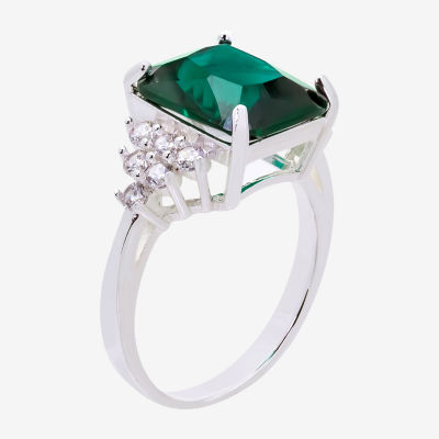 Sparkle Allure Womens Green Cubic Zirconia Pure Silver Over Brass Rectangular Engagement Ring