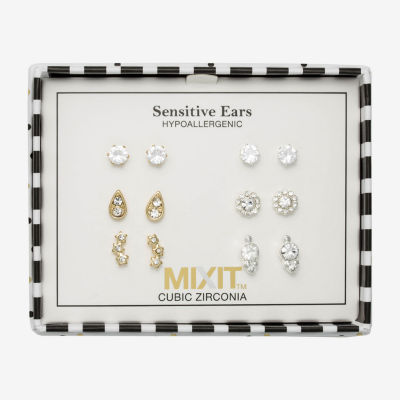 Mixit Hypoallergenic Two Tone Stud 6 Pair Cubic Zirconia Flower Star Earring Set