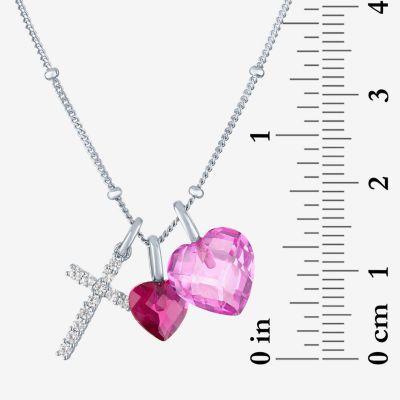 Womens Lab Created Pink Sapphire Sterling Silver Cross Heart Pendant Necklace