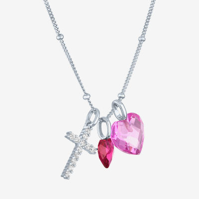 Womens Lab Created Pink Sapphire Sterling Silver Cross Heart Pendant Necklace