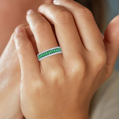 Womens Lab Created Green Emerald Sterling Silver Side Stone Cocktail Ring