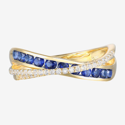 Lab Created Blue Sapphire 14K Gold Over Silver Crossover Side Stone Band