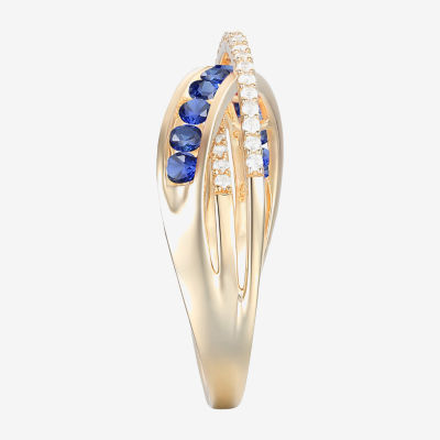 Womens Lab Created Blue Sapphire 14K Gold Over Silver Crossover Side Stone Band