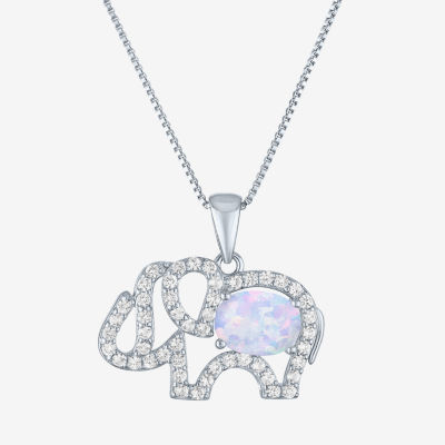 Womens Lab Created White Opal Sterling Silver Elephant Pendant Necklace