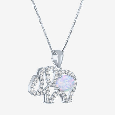 Womens Lab Created White Opal Sterling Silver Elephant Pendant Necklace