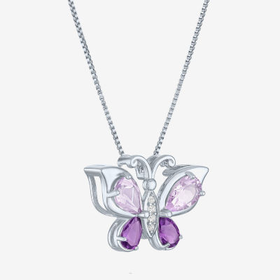 Womens Genuine Purple Amethyst Sterling Silver Butterfly 18 Inch Pendant Necklace