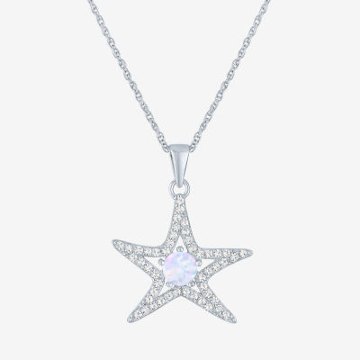 Womens Lab Created White Opal Sterling Silver Star Pendant Necklace