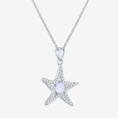 Womens Lab Created White Opal Sterling Silver Star Pendant Necklace