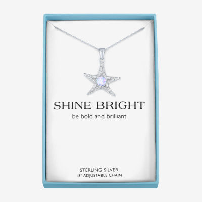 Womens Lab Created White Opal Sterling Silver Star Pendant Necklace