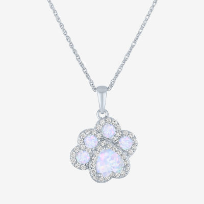 Paw Print Womens Lab Created White Opal Sterling Silver Pendant Necklace